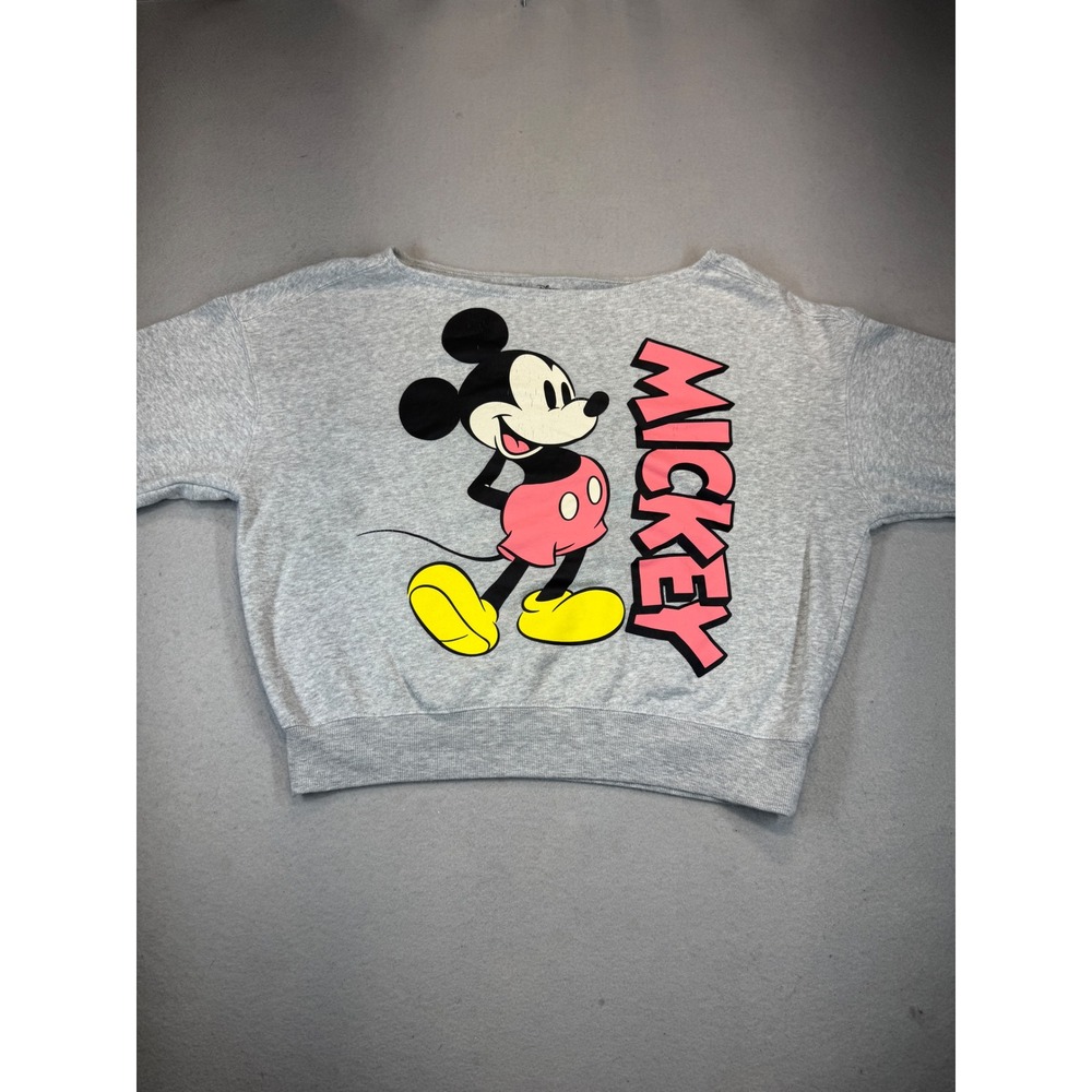 Disney Mickey Mouse Hybrid Apparel Gray Cropped Sweatshirt Boat Neck Small